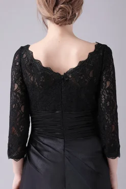 Preto A-line Barco Pescoço Mangas Longas Mãe do Vestido da Noiva