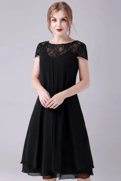 Preto A-line Cap Mangas Joelho Comprimento Mãe do Vestido da Noiva