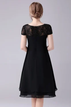 Preto A-line Cap Mangas Joelho Comprimento Mãe do Vestido da Noiva
