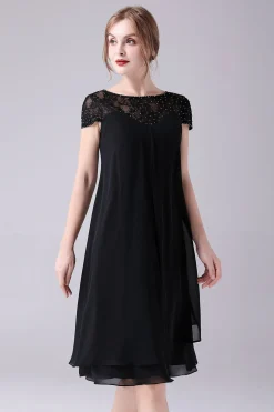 Preto A-line Cap Mangas Joelho Comprimento Mãe do Vestido da Noiva