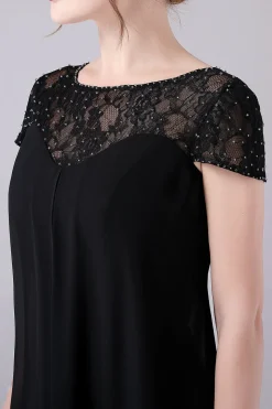 Preto A-line Cap Mangas Joelho Comprimento Mãe do Vestido da Noiva