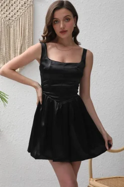 Preto A-Line Cetim Mini Vestido de Festa