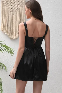 Preto A-Line Cetim Mini Vestido de Festa