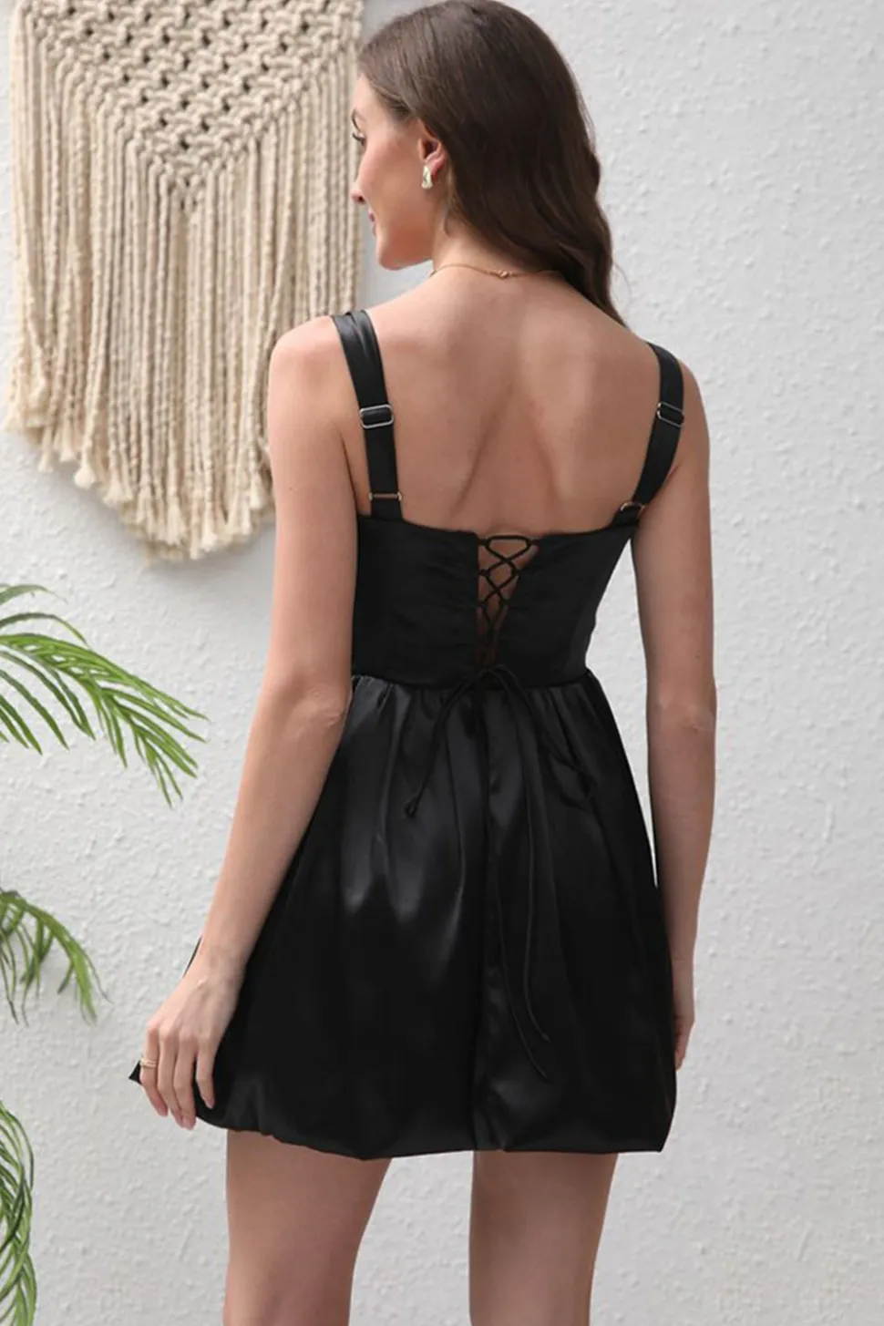 Preto A-Line Cetim Mini Vestido de Festa