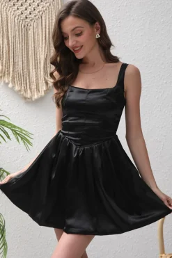 Preto A-Line Cetim Mini Vestido de Festa