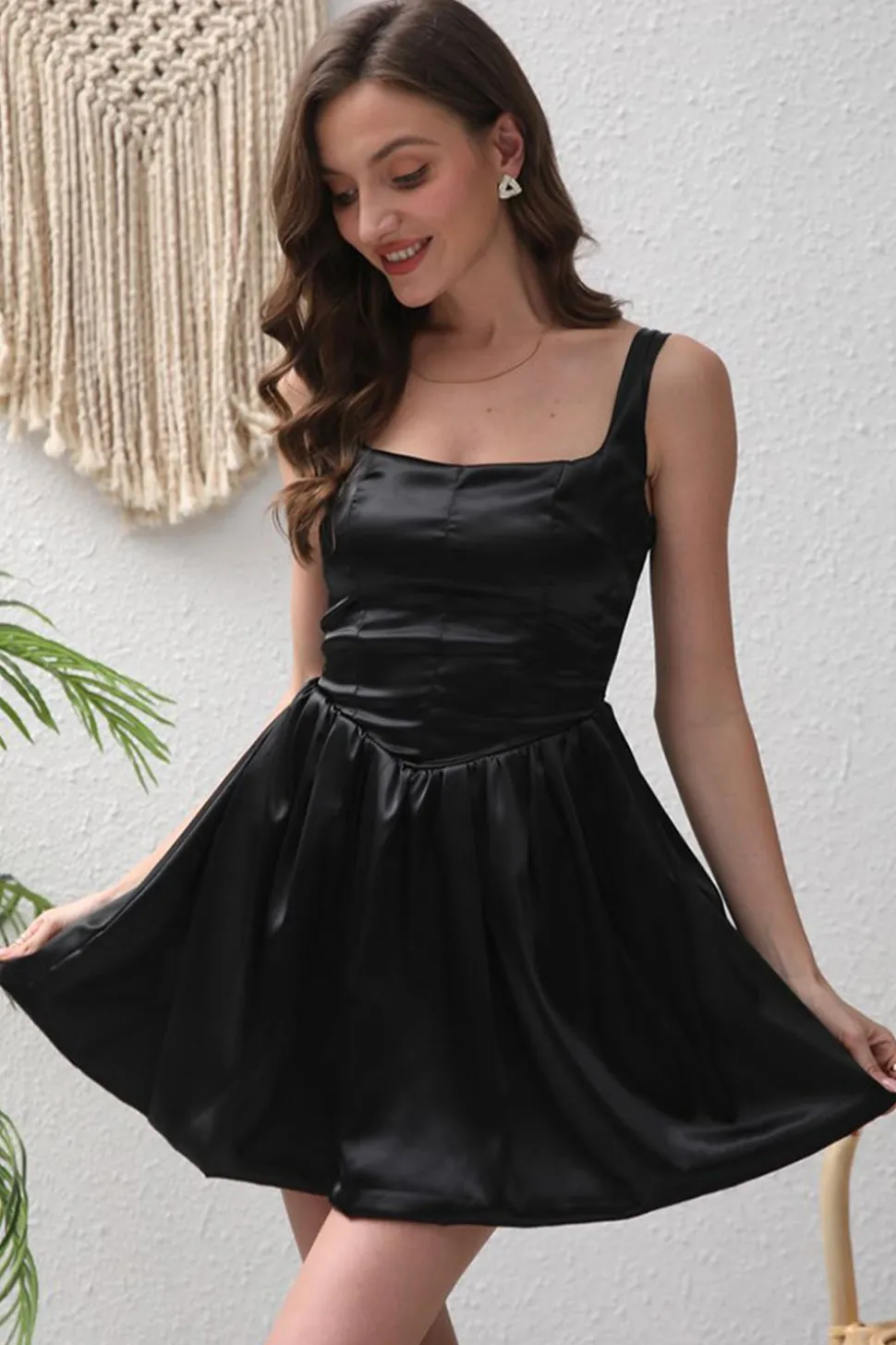 Preto A-Line Cetim Mini Vestido de Festa