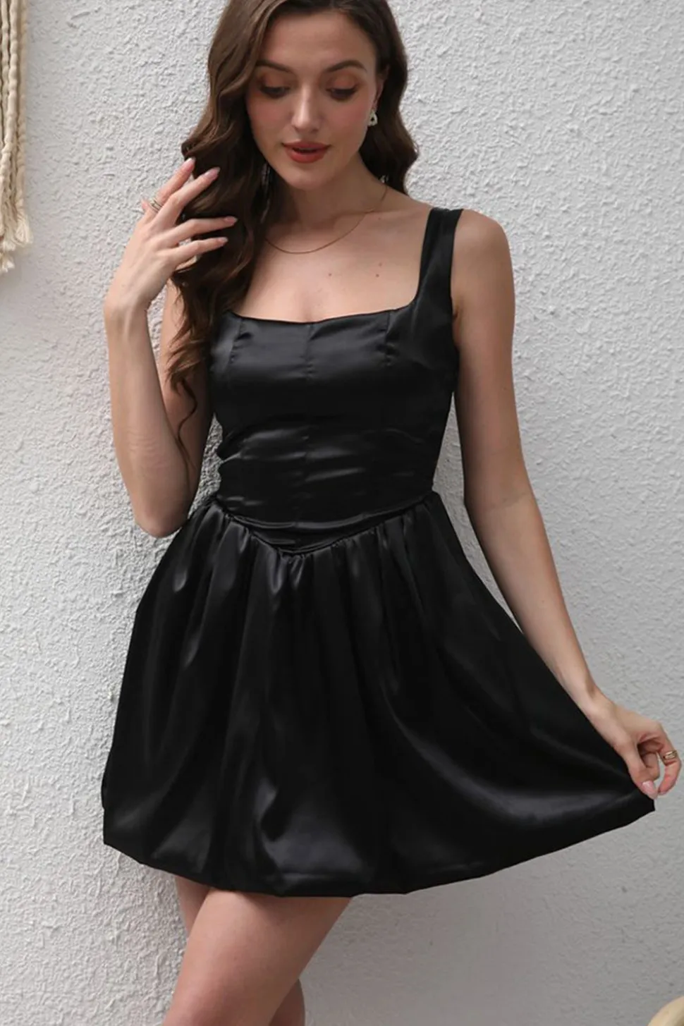 Preto A-Line Cetim Mini Vestido de Festa