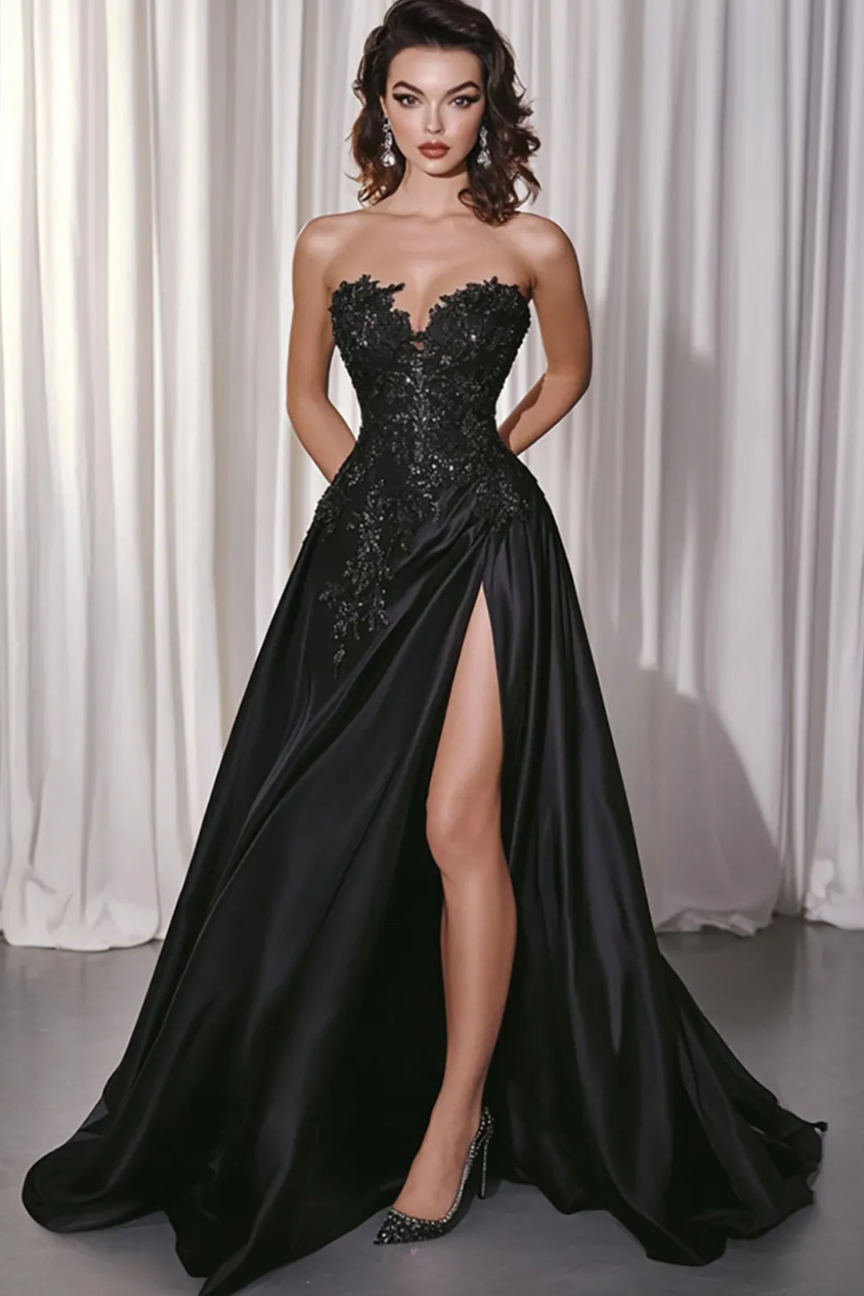 Preto A-Line cetim querido vestido longo baile de formatura com apliques de renda