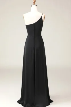 Preto A-line Chiffon Um Ombro Andar Comprimento Vestido Madrinha