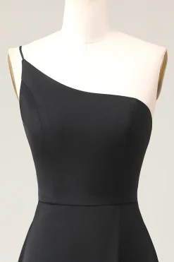 Preto A-line Chiffon Um Ombro Andar Comprimento Vestido Madrinha