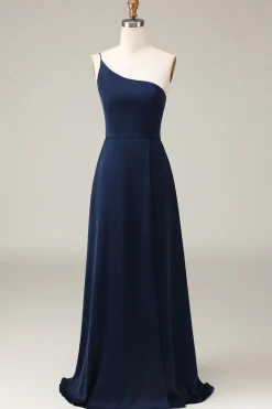 Preto A-line Chiffon Um Ombro Andar Comprimento Vestido Madrinha