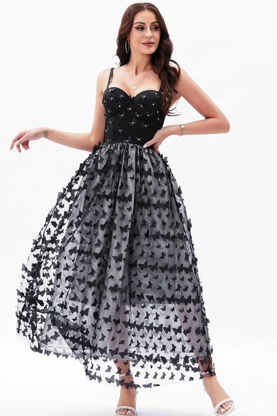 Preto A-Line Espaghetti Correias Corset Vestido de Festa com Borboletas 3D