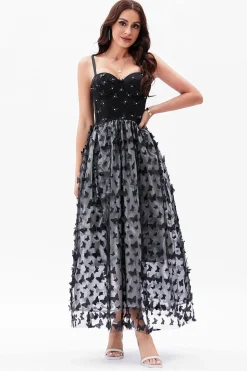 Preto A-Line Espaghetti Correias Corset Vestido de Festa com Borboletas 3D