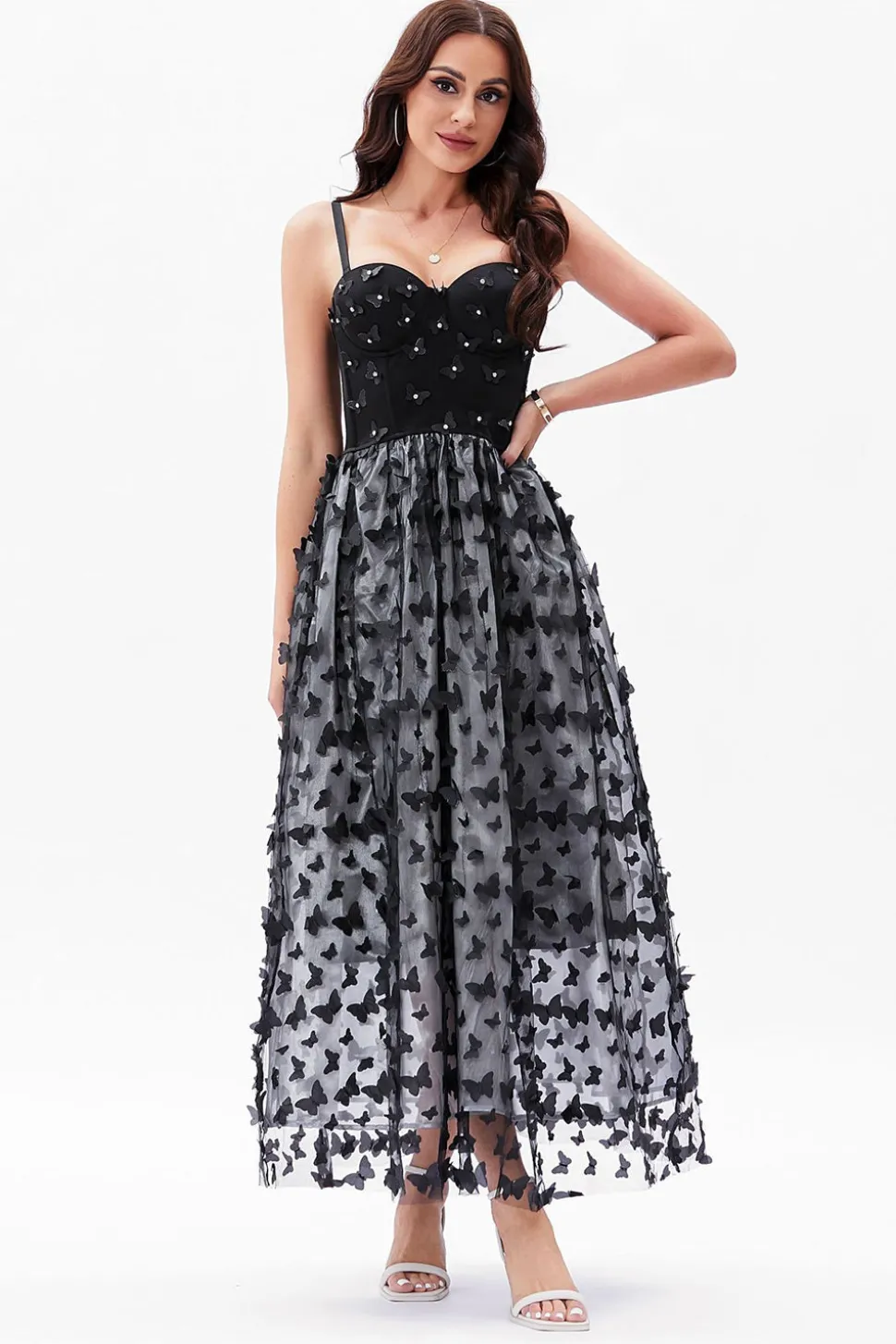 Preto A-Line Espaghetti Correias Corset Vestido de Festa com Borboletas 3D