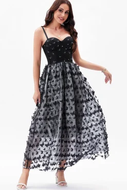 Preto A-Line Espaghetti Correias Corset Vestido de Festa com Borboletas 3D