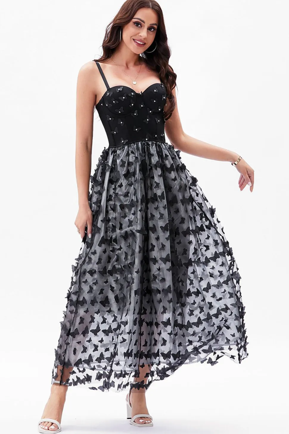 Preto A-Line Espaghetti Correias Corset Vestido de Festa com Borboletas 3D