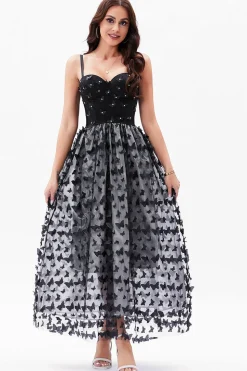 Preto A-Line Espaghetti Correias Corset Vestido de Festa com Borboletas 3D
