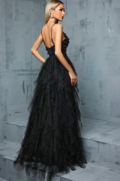 Preto A-Line Esparguete Correias Flores Folhos Tule Longo Vestido de Baile com Fenda