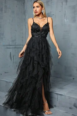 Preto A-Line Esparguete Correias Flores Folhos Tule Longo Vestido de Baile com Fenda