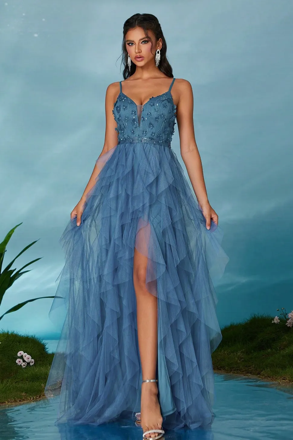 Preto A-Line Esparguete Correias Flores Folhos Tule Longo Vestido de Baile com Fenda