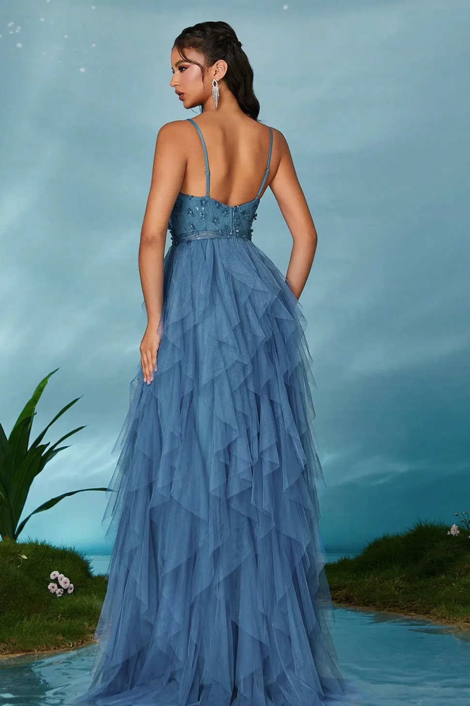 Preto A-Line Esparguete Correias Flores Folhos Tule Longo Vestido de Baile com Fenda