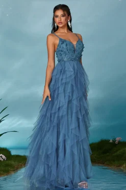 Preto A-Line Esparguete Correias Flores Folhos Tule Longo Vestido de Baile com Fenda