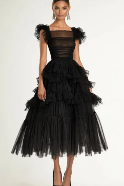 Preto A-Line Flatter mangas babados tule chá comprimento vestido formal