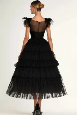 Preto A-Line Flatter mangas babados tule chá comprimento vestido formal