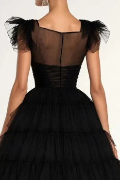 Preto A-Line Flatter mangas babados tule chá comprimento vestido formal