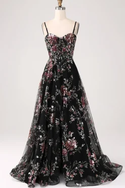Preto A-Line Flor Sequins Long Corset Prom Dress