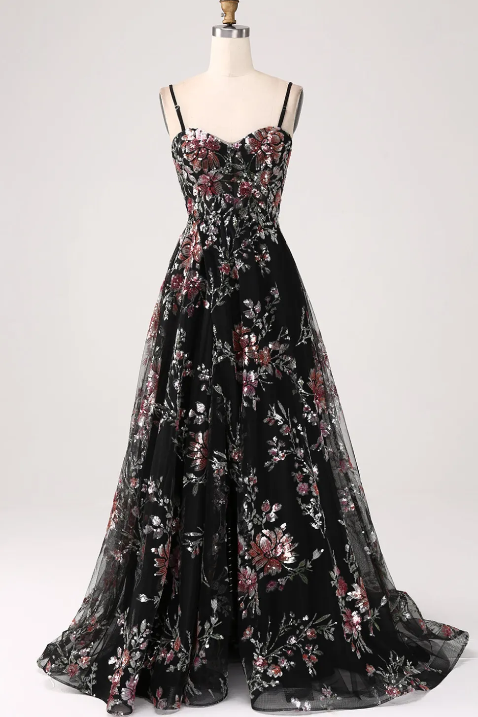 Preto A-Line Flor Sequins Long Corset Prom Dress