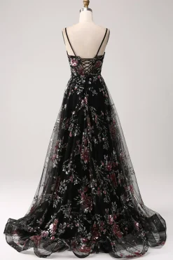 Preto A-Line Flor Sequins Long Corset Prom Dress