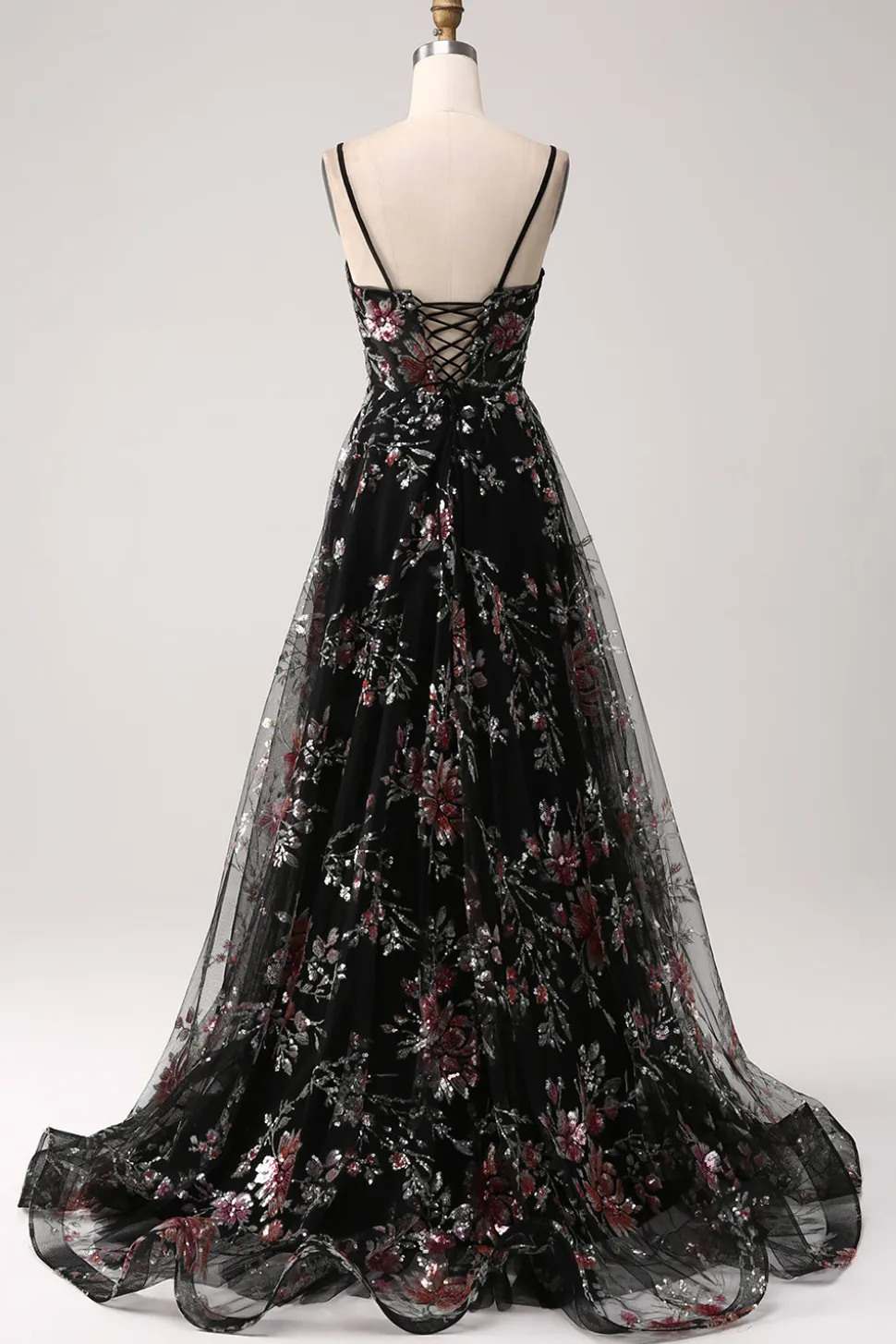 Preto A-Line Flor Sequins Long Corset Prom Dress
