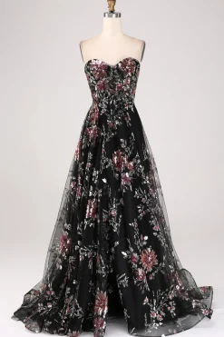 Preto A-Line Flor Sequins Long Corset Prom Dress