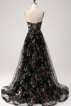 Preto A-Line Flor Sequins Long Corset Prom Dress