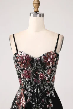 Preto A-Line Flor Sequins Long Corset Prom Dress
