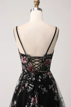 Preto A-Line Flor Sequins Long Corset Prom Dress