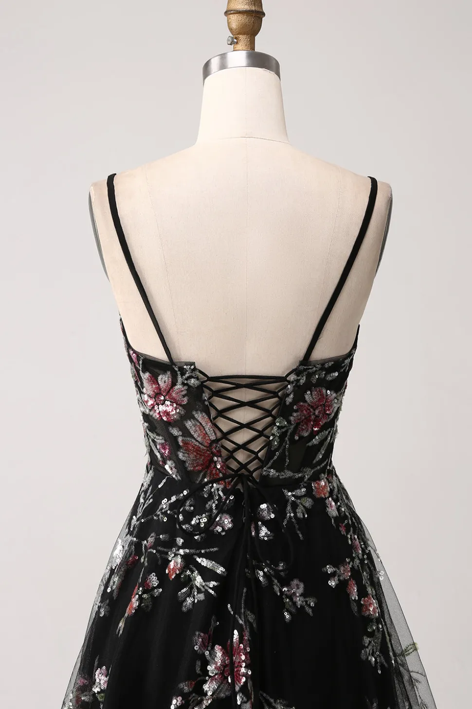 Preto A-Line Flor Sequins Long Corset Prom Dress