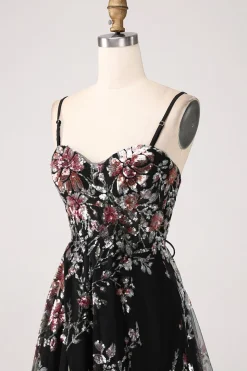 Preto A-Line Flor Sequins Long Corset Prom Dress