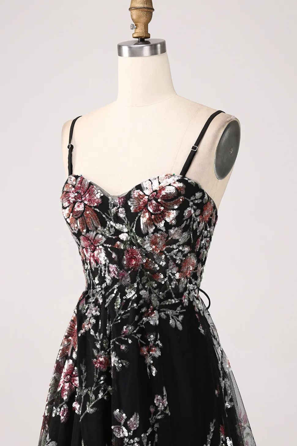 Preto A-Line Flor Sequins Long Corset Prom Dress