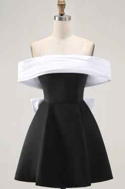 Preto A-Line Off The Shoulder Vestido Curto Homecoming com Arco