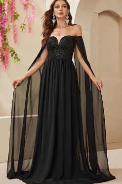 Preto A-line Off The Shoulder Chiffon Long Prom Dress