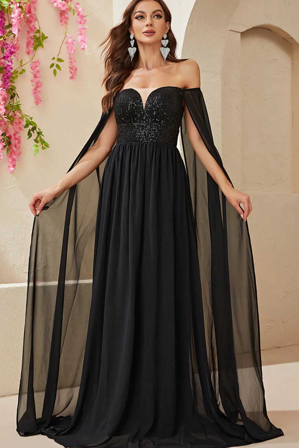 Preto A-line Off The Shoulder Chiffon Long Prom Dress