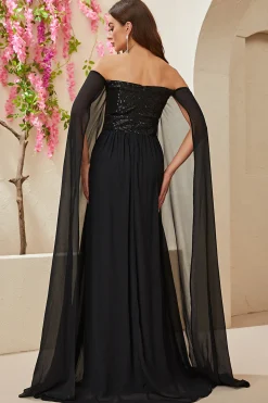 Preto A-line Off The Shoulder Chiffon Long Prom Dress