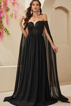 Preto A-line Off The Shoulder Chiffon Long Prom Dress