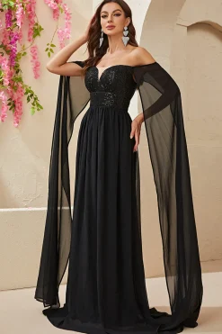 Preto A-line Off The Shoulder Chiffon Long Prom Dress