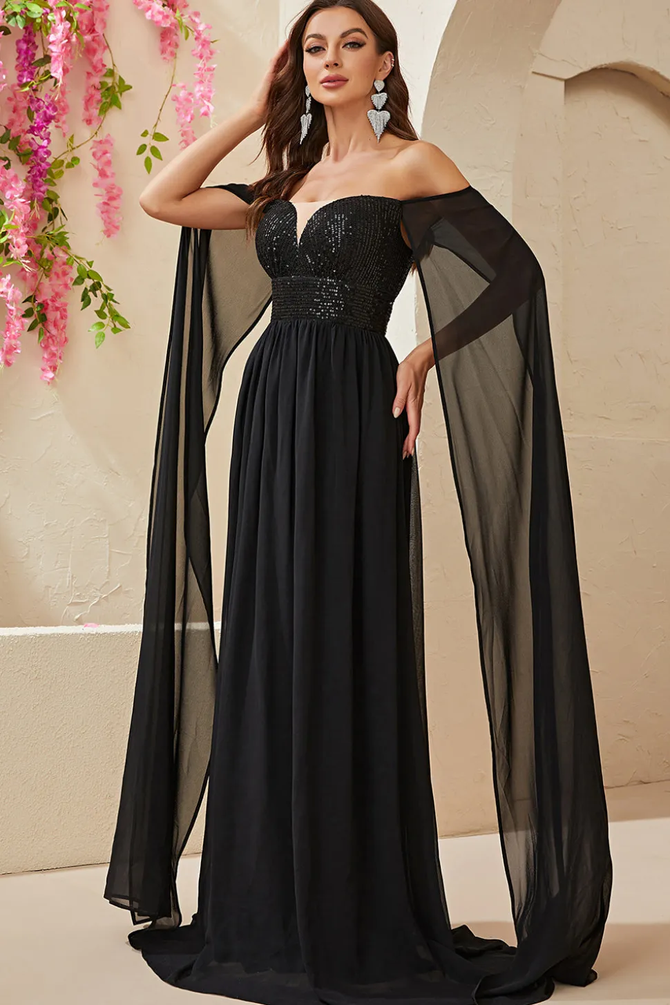 Preto A-line Off The Shoulder Chiffon Long Prom Dress