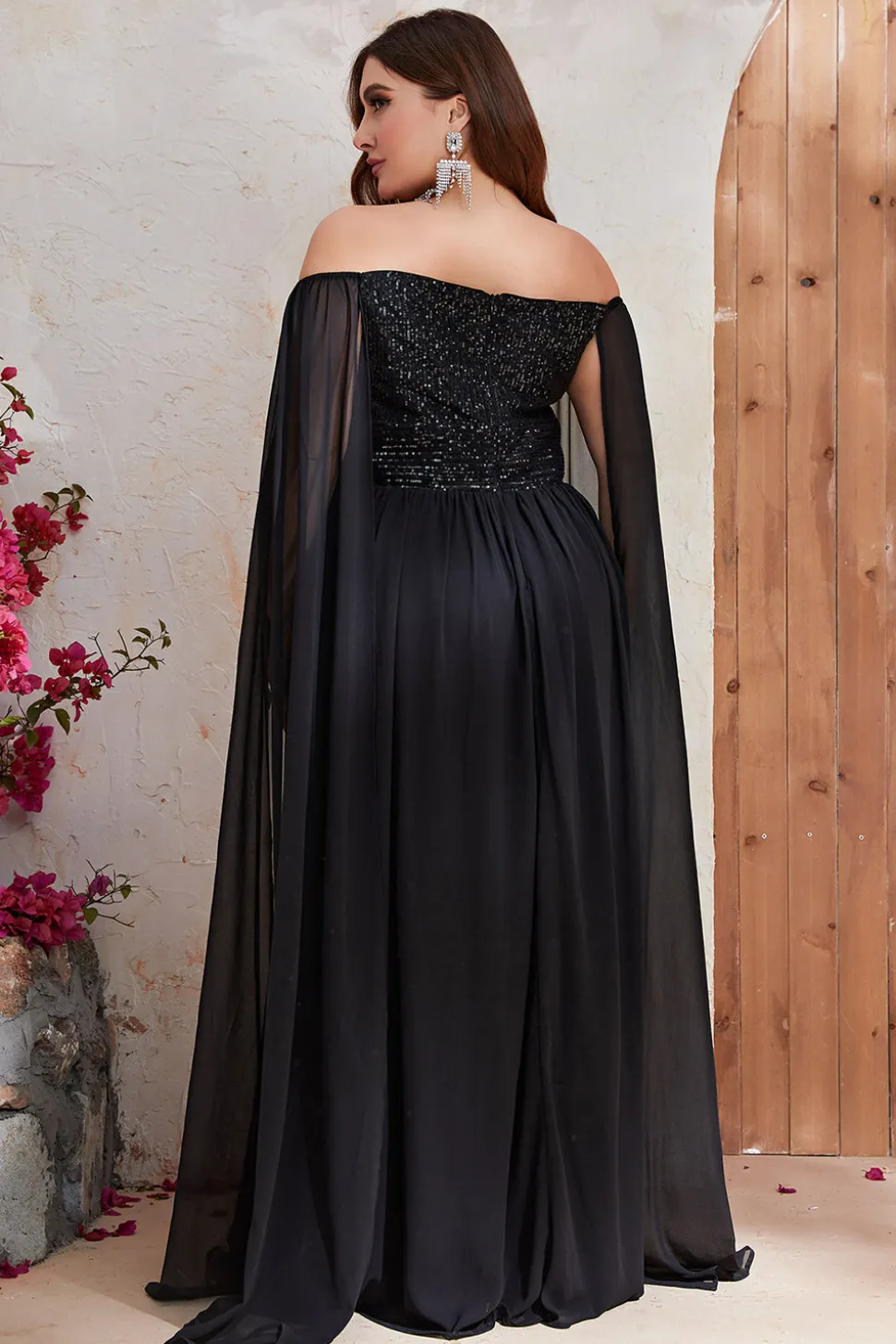 Preto A-line Off The Shoulder Chiffon Long Prom Dress