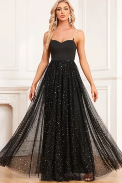 Preto A-Line Spaghetti Correias Vestido Longo Baile de Formatura