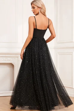 Preto A-Line Spaghetti Correias Vestido Longo Baile de Formatura